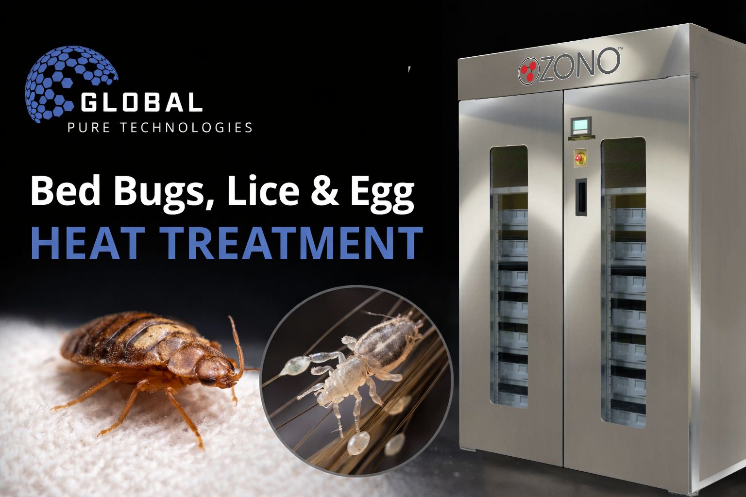 ZONO™ enclosed ozone and heat sanitizing cabinet by Global Pure Technologies used for bed bug, lice, and egg heat treatment in institutional and commercial environments