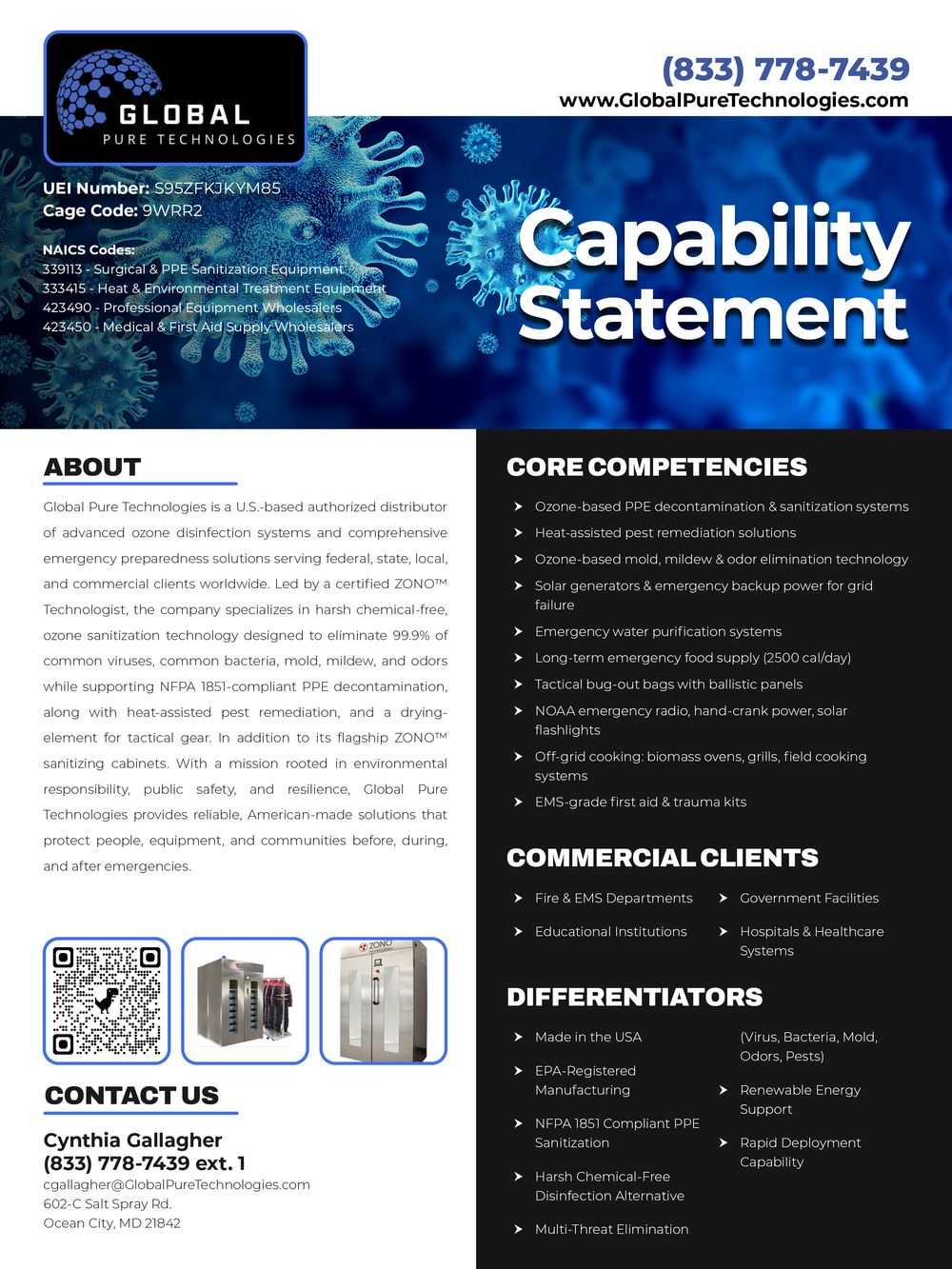 Global Pure Technologies government capability statement outlining ZONO™ ozone-based infection prevention systems, emergency preparedness solutions, UEI S95ZFKJKYM85 and CAGE 9WRR2