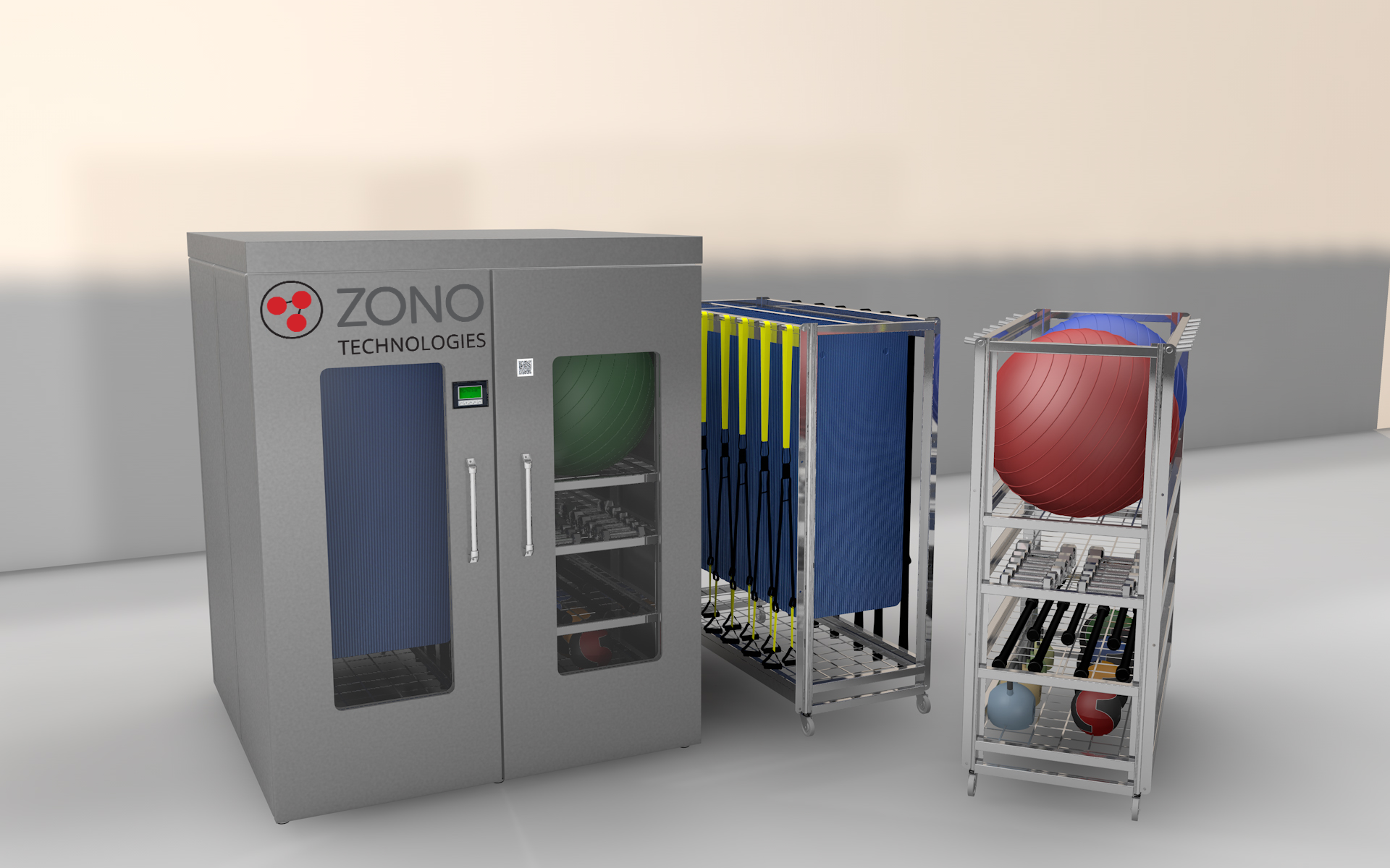 ZONO™ ozone disinfecting and sanitizing cabinet processing athletic equipment and PPE in an enclosed chemical-free item-level infection prevention system for high-risk environments