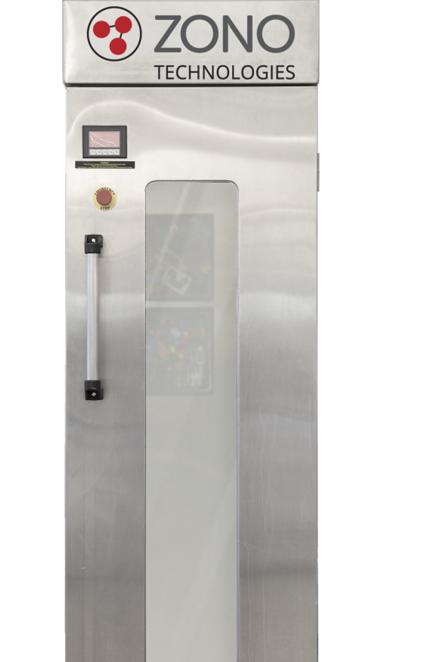 ZONO ozone cabinet used in senior living facilities to process shared items such as mobility aids, cushions, and therapy materials through a controlled treatment cycle