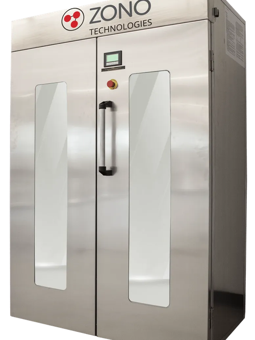 ZONO Double Door ozone sanitizing cabinet with high capacity design, built to disinfect carts, chairs, and larger items in schools, healthcare, childcare, and commercial facilities