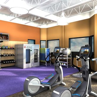 Fitness facility environment representing ZONO disinfecting and sanitizing cabinet use for athletic equipment