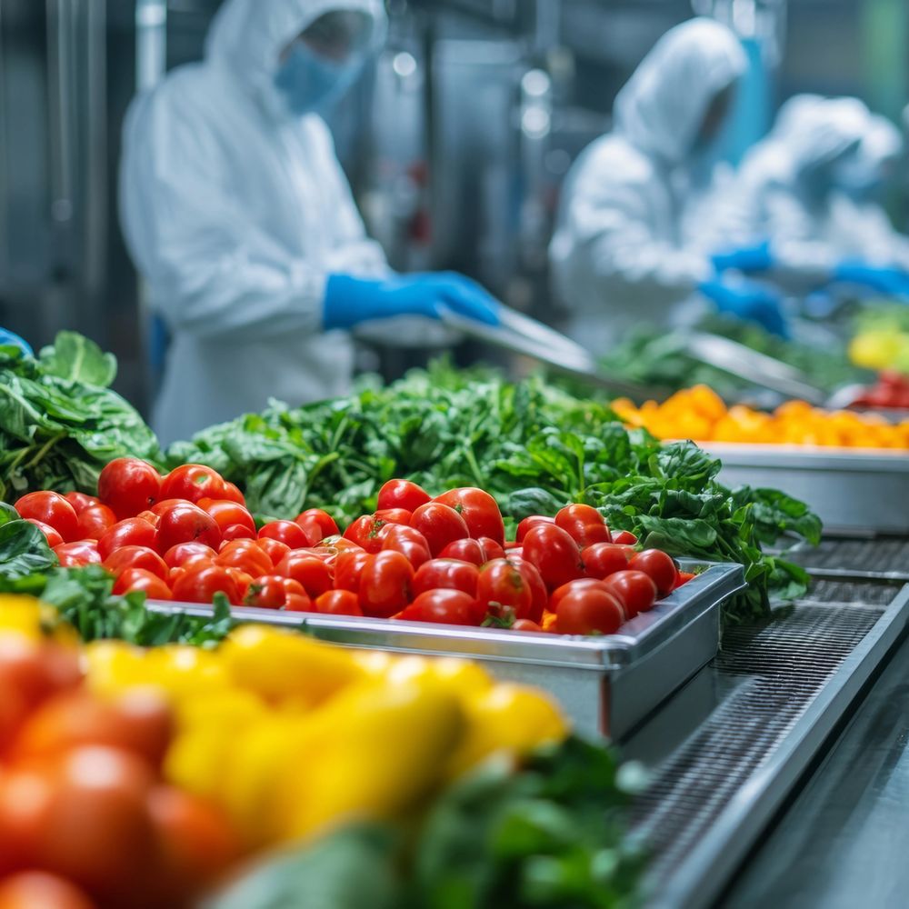 Food handling workers in a cold storage facility processing produce, showing how the ZONO™ Disinfecting & Sanitizing Cabinet supports non-food-contact PPE, uniforms, and shared tools