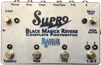 Custom Footswitch for a Supro Black Magick Reverb - Gen 1

A custom footswitch to make full use of its capabilities. Featuring a 1/2 Channel selection switch, a 1+2 override switch for channels to be engaged as well as a pair of footswitches to control the amp's onboard Reverb and Tremolo using a TRS balanced cable. There is also a switchable FX loop built between the input and the channel outputs to allow a pedal board to be used, but retain the ability to plug "straight in" to the amp, completely removing the pedalboard from the signal chain. Lastly, the Mute switch send the signal to a separate Tuner output, to remove the tuner from the signal chain, yet still provide muted tuning.
