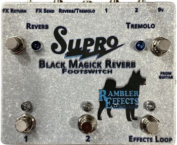 Custom Footswitch for a Supro Black Magick Reverb

A custom footswitch to make full use of its capabilities. Features independent Channel 1 & 2 footswitches, allowing either, both, or neither channels to be engaged as well as a pair of footswitches to control the amp's onboard Reverb and Tremolo using a TRS balanced cable. There was also a switchable FX loop built between the input and the channel outputs to allow a pedal board to be used, but retain the ability to plug "straight in" to the amp, completely removing the pedalboard from the signal chain.
