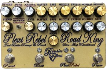 Plexi Rebel Road King

Designed for gigging without an amplifier, the Plexi Rebel Road King combines the PlexiPre and Hot Rod Rebel into a two channel amp pedal with independent boost, FX loop, Box of Boing Reverb and a Marshall Speaker Simulator, with a dedicated output for plugging into a preamp or mixing board.

Set up like a two channel amplifier with the controls across the top, the tone matches the look, adding Classic and Hot Rodded Marshall tones to your rig. Adding a spring reverb and a Speaker simulator makes this one of the most versatile sans-amp solutions Rambler Effects makes.
