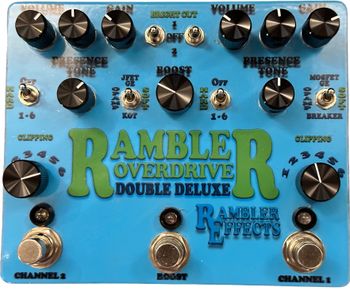 Rambler Overdrive Double Deluxe

The Rambler Overdrive Double Deluxe combines the warmth and versatility of two Rambler Overdrive Deluxe pedals into a single unit along with an independent JFET boost. The Rambler Overdrive Deluxe is a medium-gain overdrive based on the blues breaker circuit, offering three soft and six hard clipping options, along with a three-position treble switch.
