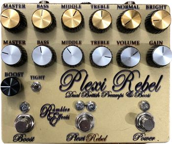 Plexi Rebel

The Plexi Rebel merges the PlexiPre and the Hot Rod Rebel into a two-channel amp pedal featuring an independent jFET boost. Arranged similarly to a two-channel amplifier, with controls conveniently located at the top, the tone perfectly complements the design. This pedal brings both Classic and Hot-Rodded Marshall tones to your setup switchable like a two channel amp. The boost can then be stacked with whichever channel is active for even more face melting.

