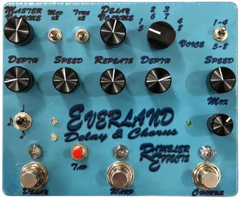 Everland Delay & Chorus

Double Tap Delay & Sirens Chorus Deluxe together! The full-featured delay has Master Volume, Delay Volume, Speed, Repeats, Depth, Tap Tempo, 3 toggle switches control subdivisions, double time and mod time. The super chorus has classic Depth and Speed knobs, a Wet/Dry Mix, and 8 voice settings ranging from classic chorus sounds to flanging, pitch shifting options.
