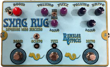 Shag Rug

A multipedal with Fuzz, Overdrive, a Boost and an Octave in one groovy enclosure.  The Fuzz is reminiscent of a modern Fuzz Face while the Drive is a close relative of the Rambler Overdrive.  The Boost and Octave are the same circuits you can find in our other pedals as well.
