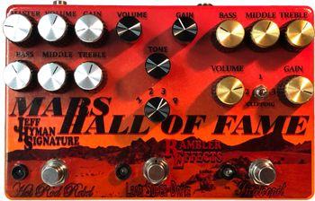 MarsHall of Fame - Jeff Hyman Signature

One of the first triple pedals built, this three in one combines the best of the Marshall worlds - a Hot Rod Rebel for supercharged Plexi sounds, the Lead Super Drive for the powerful Super Lead tones, and a Snakepit Deluxe for heavier more modern amp distortion.  Outfitting in a hand-painted fade, this pedal is a work of art.
