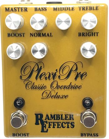 PlexiPre Deluxe

The PlexiPre Deluxe replicates the iconic overdrive and distortion characteristics of an early Marshall® Plexi™ amplifier through its sophisticated 5-stage, JFET-driven preamp circuit. A key feature of this pedal is its versatility, allowing users the choice to either jumper the two channels for a blended, rich tone or utilize them independently, offering a broad spectrum of sonic possibilities. Volume, Normal Gain and Bright Gain controls as well as a 3 band active EQ round out the feature set. The Deluxe version adds a boost that can be added with the main circuit for two "channels"
