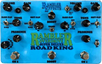Rambler Overdrive Super Deluxe Road King

Designed for gigging without an amplifier, the Rambler Overdrive Super Deluxe Road King combines 2 Rambler Overdrive Deluxe pedals with an independent Jfet boost, an FX loop, and a Marshall speaker simulator circuit with a dedicated output for using your rig without an amplifier.

The Rambler Overdrive Deluxe is a medium gain overdrive based on the blues breaker circuit with 3 soft and 6 hard clipping options as well as a 3 position treble switch. Includes a switchable boost.
