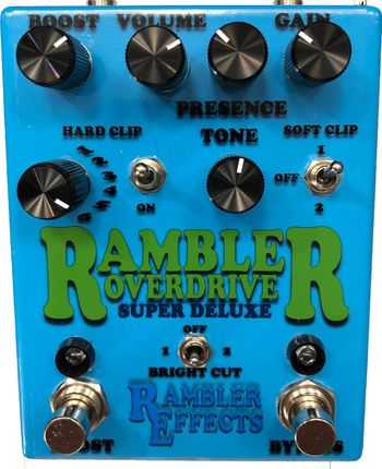 Rambler Overdrive Super Deluxe

Deluxe features include Volume, Gain, Tone, and Presence controls, along with three soft clipping and six hard clipping options, plus a 3-position treble switch. The Super Deluxe includes a switchable boost.

