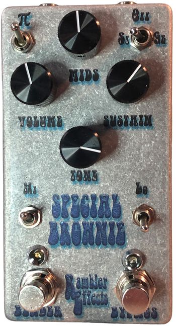 The Special Brownie

The Special Brownie is a super Russian Muff fuzz box. Volume, Sustain, Tone and Mids knobs sculpt the tone while 5 switches change components to modify the classic circuit.
The Pi Switch engages the PI filter, another switches controls the clipping, and Hi and Lo switches adjust the upper and lower ends of the tone.  Lastly, a Bender footswitch removes the diode clipping for a bender-like fuzz.
