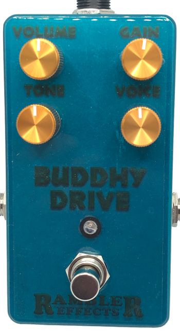 Buddhy Drive

The Buddhy Drive is Rambler Effects' take on the Zendrive. A standard TS-style clipping overdrive with a treble cut and a buffer. The bass is adjustable via the “Voice” control, which varies the corner frequency of the filter. This also has the side-effect that the available gain increases as the Voice control is turned up.
