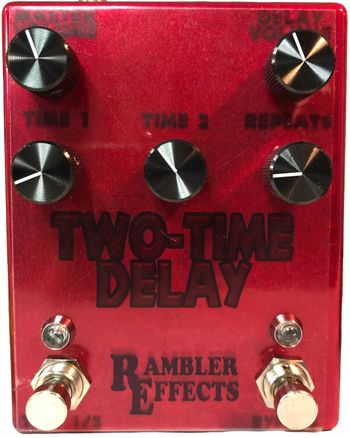 Two-Time Delay

An excellent analog sounding delay with up to 350ms of delay.  The Two-Time version includes Master and Delay Volumes, Time 1, Time 2 and Repeat knobs to control the delays.  Two different delay times can be set and then switched with the second footswitch.

