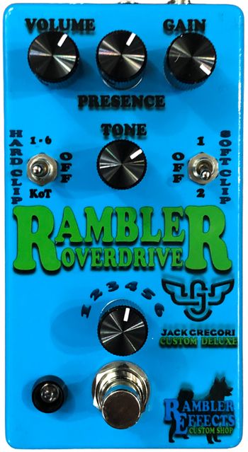 Rambler Overdrive Jack Gregori Custom Deluxe

The Rambler Overdrive Jack Gregori Custom Deluxe is a custom Rambler Deluxe using the same circuit and options designed for Jack Gregori as part of his Rambleboard.  Featuring an additional 7th Hard clipping option identical to that used in the KoT.
