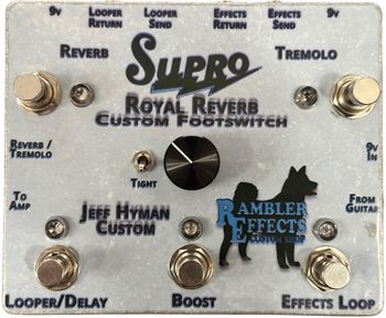 Supro Royal Reverb Custom Footswitch - Jeff Hyman Custom

A custom footswitch to make full use of the Royal Reverb's capabilities as well as provide a few personalized solutions. Features a pair of footswitches to control the amp's onboard Reverb and Tremolo using a TRS balanced cable. Includes a duo of switchable FX loops built between the input and the channel outputs to allow two independent, summed, fx loops, and still retain the ability to plug "straight in" to the amp, completely removing the pedal chain from the signal.
