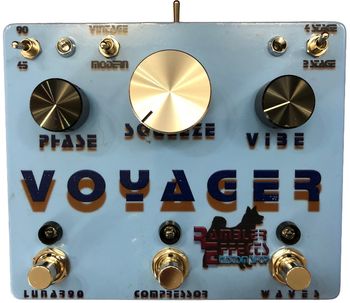 Voyager

The Voyager effects pedal uniquely blends a Lunar Phase effect, the warm, organic character of an all-analog vibe circuit, and the punchy compression of an old-school compressor. This versatile combination provides a wide array of sounds. At the heart of the Phaser and Vibe are the components, utilizing matched quads of Jfets for pristine analog modulation, free from harsh digital artifacts. The compressor circuit is faithfully modeled after the revered Orange Squeezer, delivering a distinct vintage tone and inspiring compression experience.
