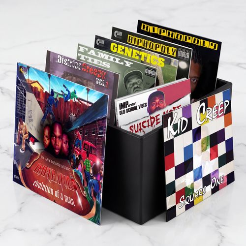 A modern matte-black record crate filled with a staggered collection of 9 music album covers from Imperator of Rhyme and his BAMM record label catalog.