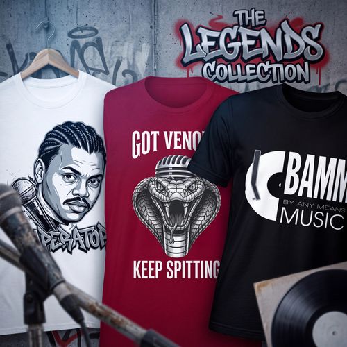 Official BAMM record label and Imperator hip-hop streetwear t-shirts from The Legends Collection on display.