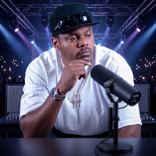 (Alternative Text)Hip-hop artist Imperator of Rhyme in a white shirt and black cap posing behind a studio microphone with a concert stage background.