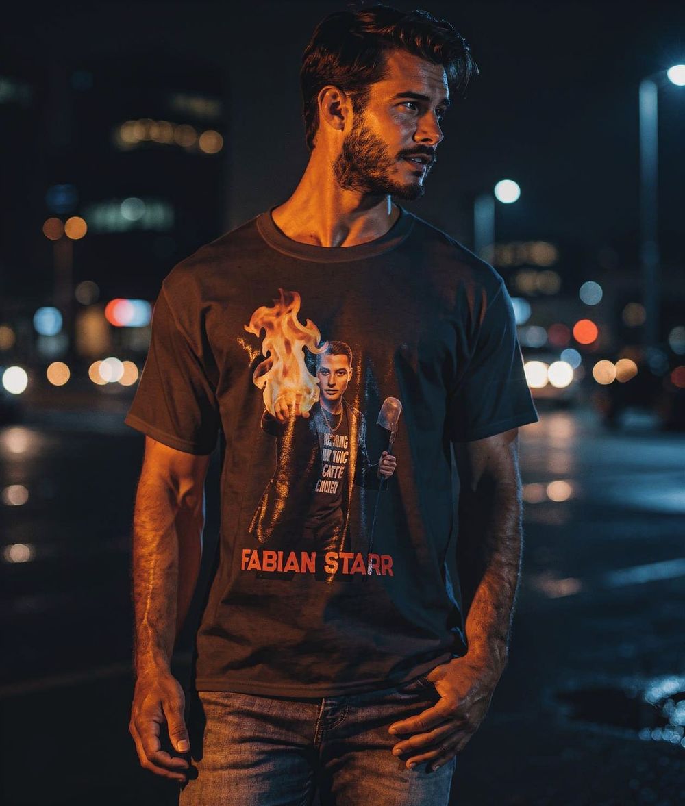 Man wearing fabian starr tshirt lyrics tee burning in your touch 
