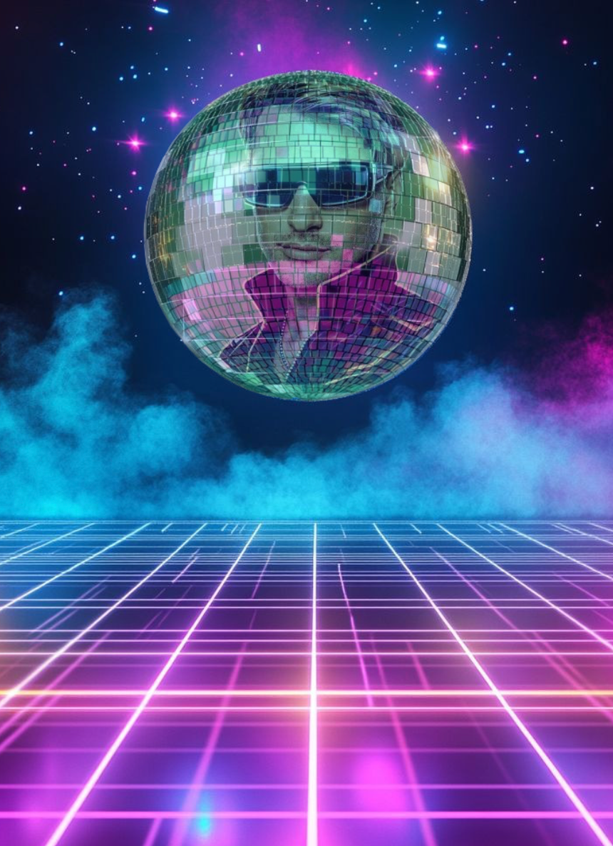 Synthwave disco ball with retro grid background - Fabian Starr electronic music artist