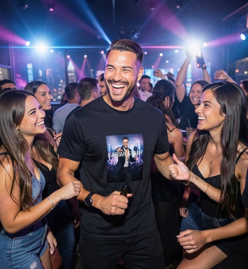 Handsome man at nightclub wearing black Fabian Starr t-shirt with two women dancing