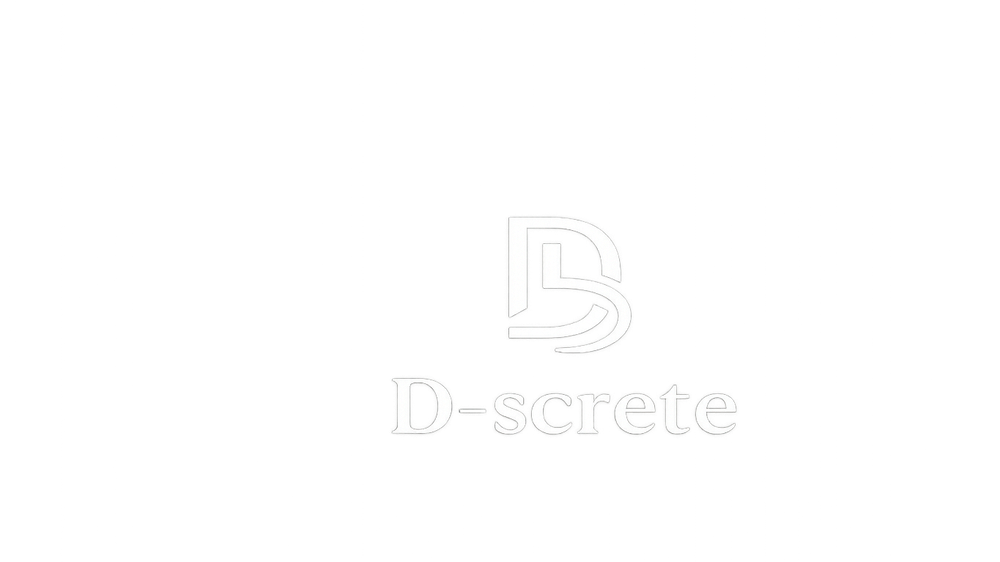 D-screte official logo white transparent background and motto. 