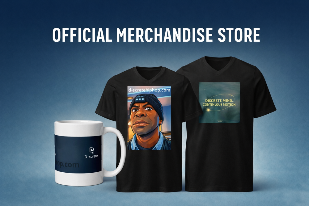 D-screte Hip Hop UK official merchandise including graphic t-shirts and branded mug
