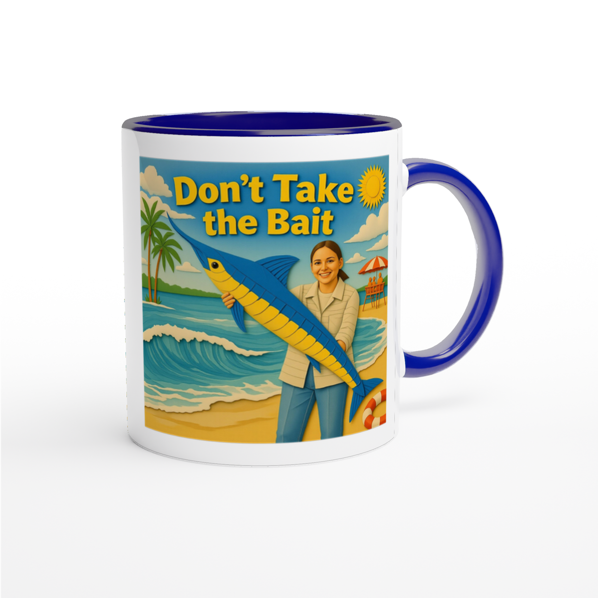 Don’t Take the Bait artwork on a ceramic mug