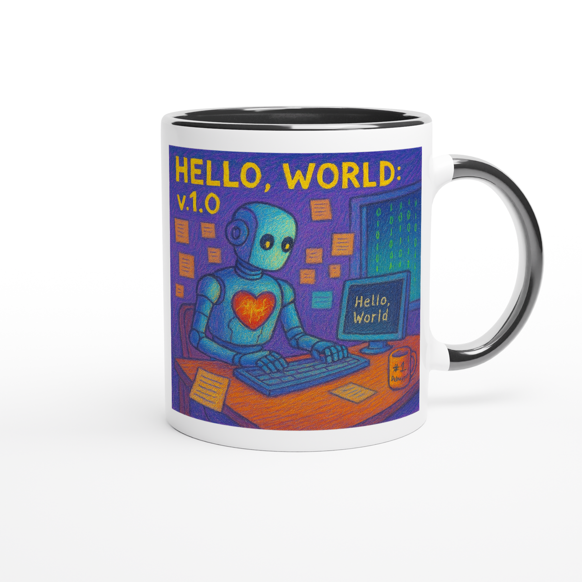 Hello World version 1.0 artwork on a ceramic mug