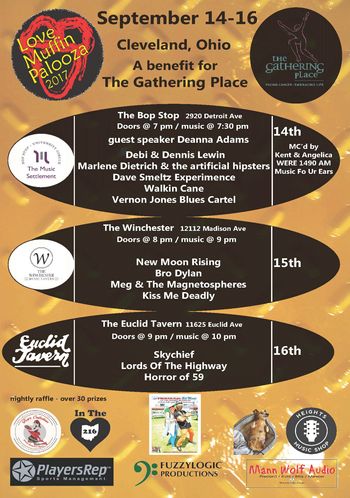 The 2017 LoveMuffinPaooza poster, marking the first year the event became a full blown fundraiser for The Gathering Place.  Bands had slowly been donating their pay but now it was official.
