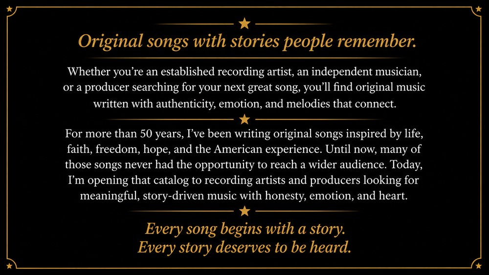 Songs for Recording Artists by Marty Hallo featuring original story-driven songs available for recording artists, producers, and independent musicians.