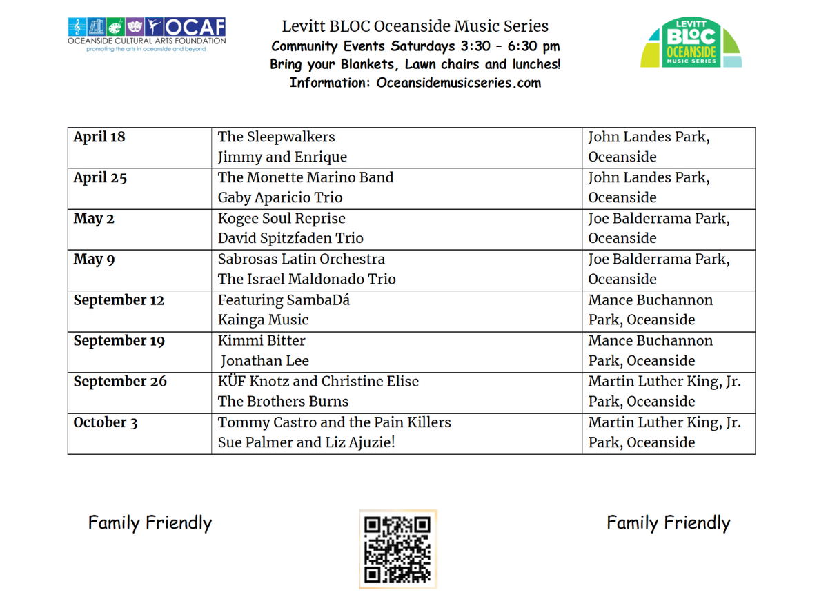 Our 2026 Levitt BLOC Oceanside Series Roster