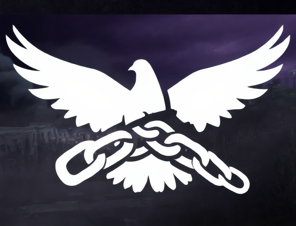 black and white logo of dove with chains