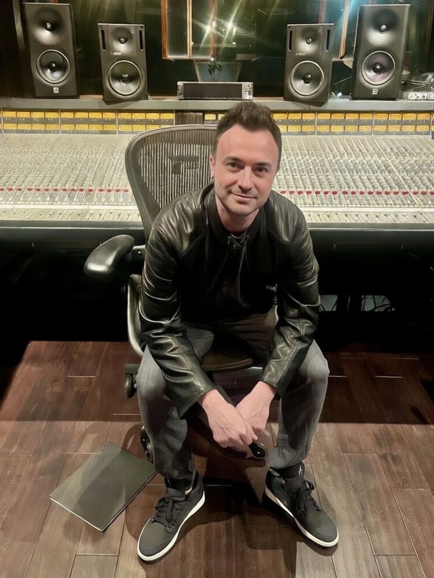 Tyler Rose sitting in front of a mixing console in a music studio.