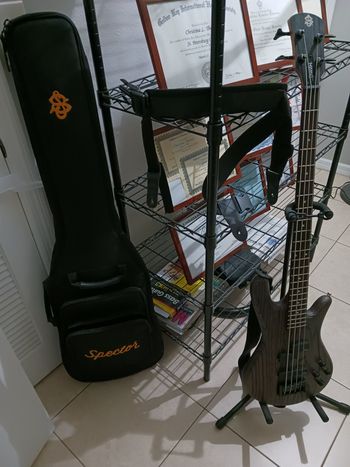 RiffQueen's Spector bass guitar, custom bass strap, and framed accomplishments
