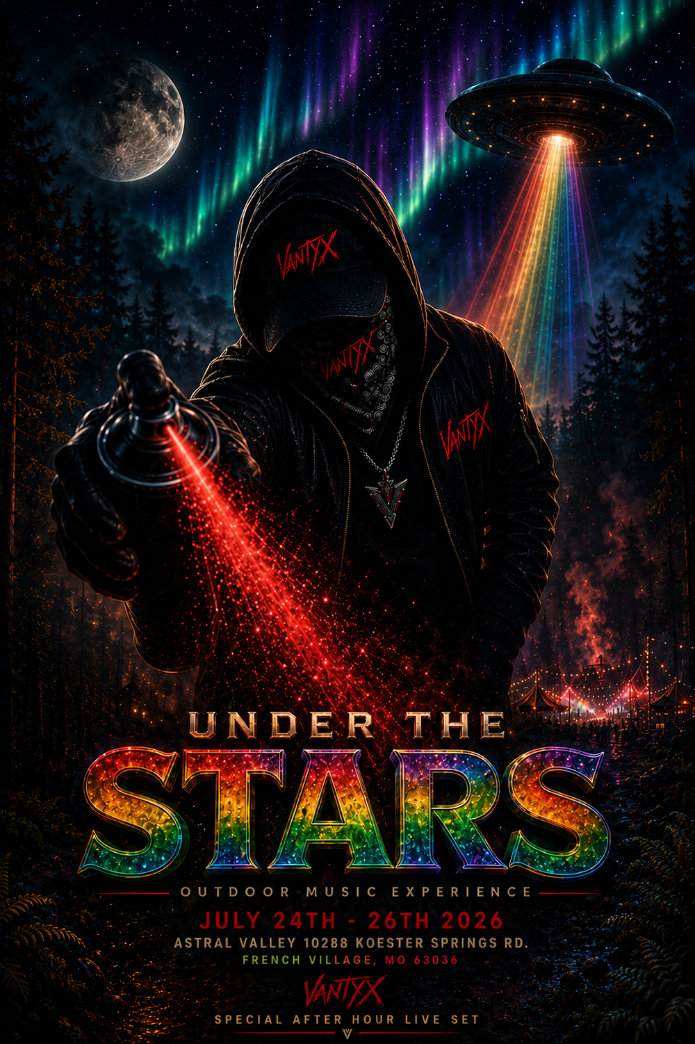under the stars, outdoor music experience, vantyx, special after hours live set, performance, astral valley, missouri