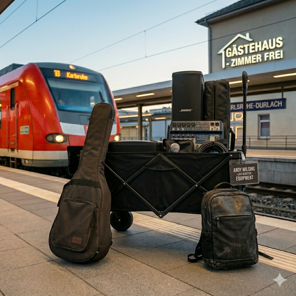 Technik und Logistik für Live-Auftritte von Andy Wilsing: Autarkes Bose L1 Compact Soundsystem mit Mischpult, Akustikgitarre, Rucksack und Faltwagen am Bahnhof Karlsruhe Durlach.