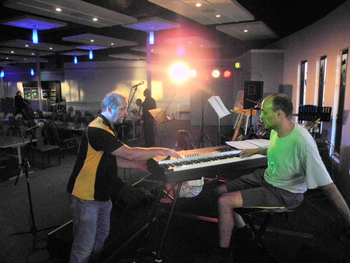 Sound check with swing alive, at Hervey Bay boat club, 2015
