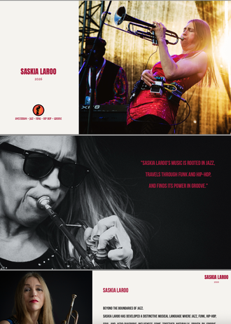 Electronic Press Kit (EPK) da artista de jazz, funk e hip hop Saskia Laroo com biografia, formações, fotos, vídeos, workshops e informações para contratação.