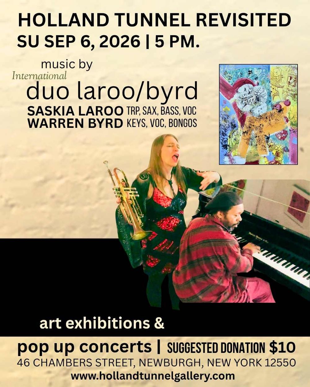 Concert poster for Saskia Laroo & Warren Byrd performing at the Thursday Evening Jazz Series at Underwater Kite in Windsor, Connecticut on August 20, 2026.