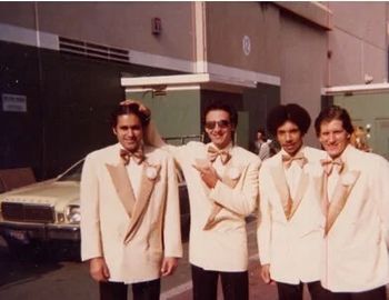 In our zoot suits, in Hollywood, CA for a Ben Vereen TV special. From left to right- Tony Ventura, Marc Dicciani, Mike Boone, and Dave Loeb.

