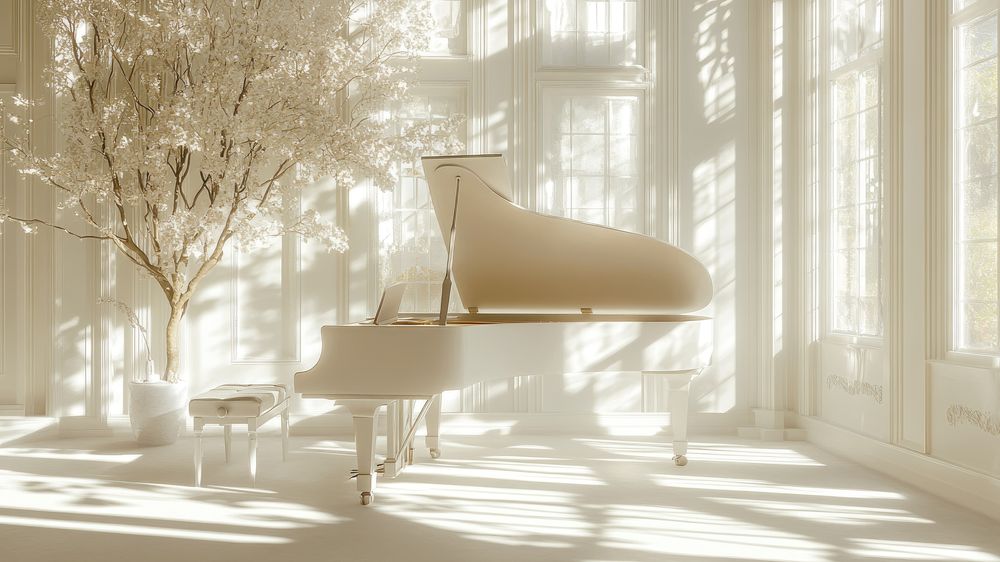 White bright room with white Grand Piano