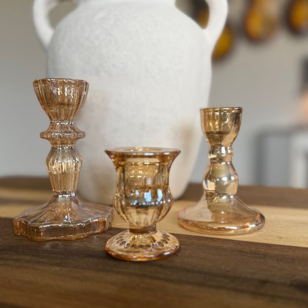 Amber Glass Candlestick Holder Set 