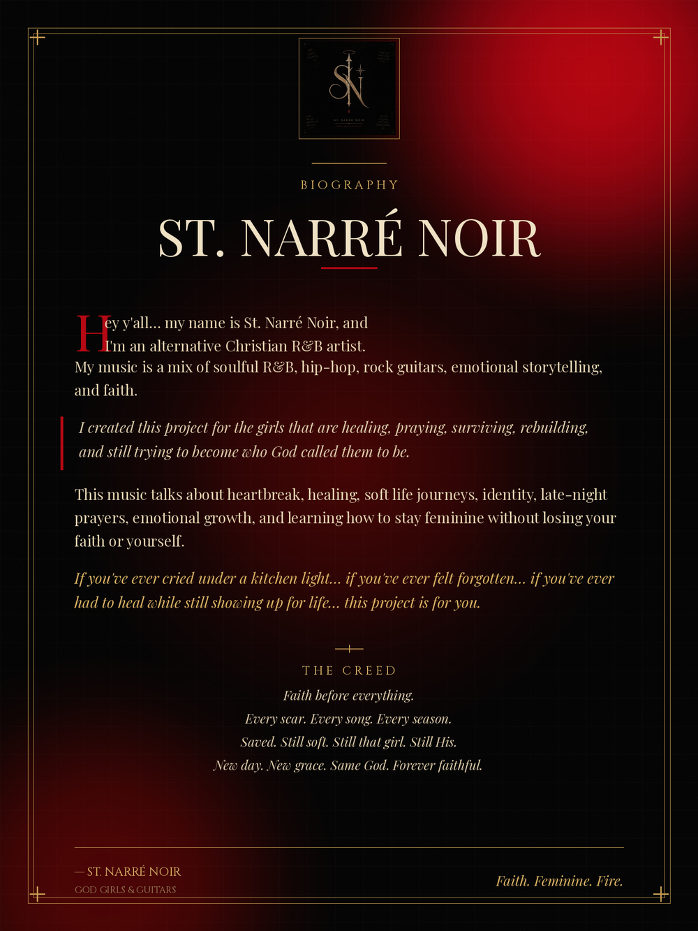 #StNarreNoir #GirlsGodAndGuitars #HealedGirlSummer #ChristianRNB #AlternativeChristian #FaithBasedMusic #SoftLifeHardPrayers #PrettyWhenIPray #ChristianGirlAesthetic #GuitarGirl #HealingMusic