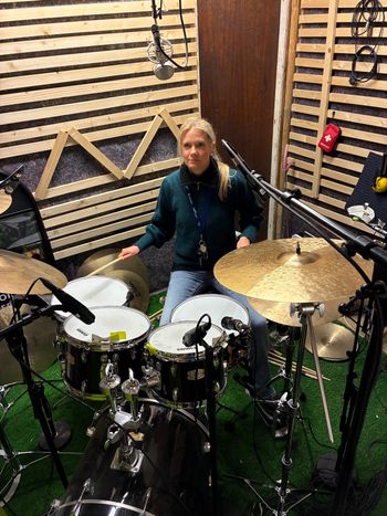 Anne-Linda Bratsberg Thorsen in the studio playing the drums for "This Is Who I Am"
